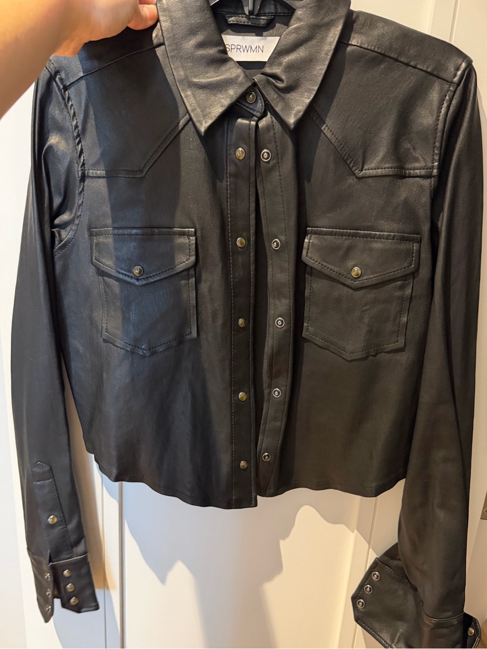 SPRWMN Black Leather Button-Down Western Shirt